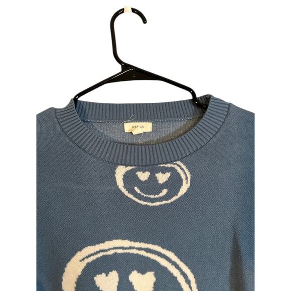 Debut Blue White Smiley Long Sleeve Crew Neck Cropped Knt Sweater Women Sz M - Picture 4 of 8